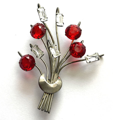 Sterling Silver Vintage Ruby And Clear Rhinestone Brooch-Vintageonline.-Vintage Online