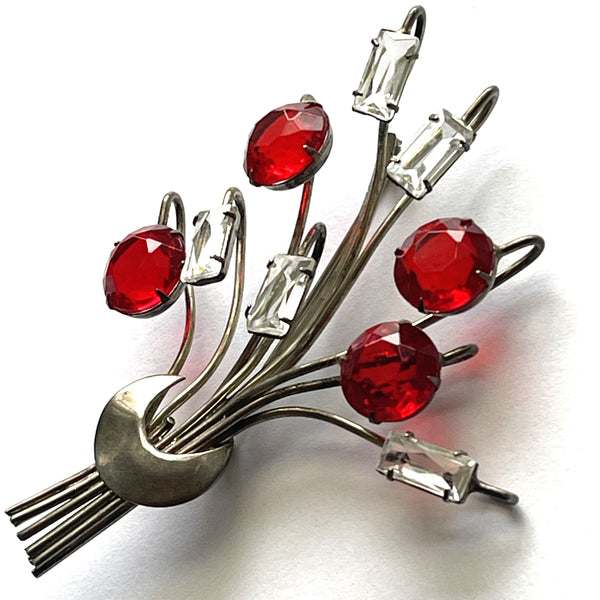 Sterling Silver Vintage Ruby And Clear Rhinestone Brooch-Vintageonline.-Vintage Online