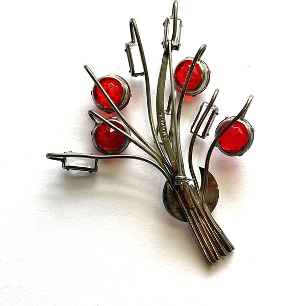 Sterling Silver Vintage Ruby And Clear Rhinestone Brooch-Vintageonline.-Vintage Online