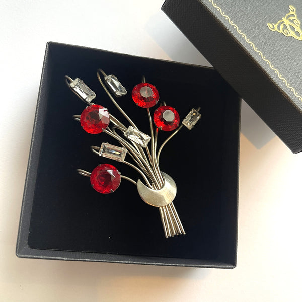 Sterling Silver Vintage Ruby And Clear Rhinestone Brooch-Vintageonline.-Vintage Online