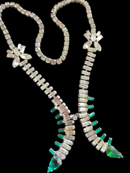 Stunning Art Deco Necklace with Clear and Emerald Coloured Rhinestones-Vintageonline-Vintage Online