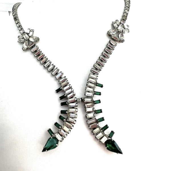 Stunning Art Deco Necklace with Clear and Emerald Coloured Rhinestones-Vintageonline-Vintage Online