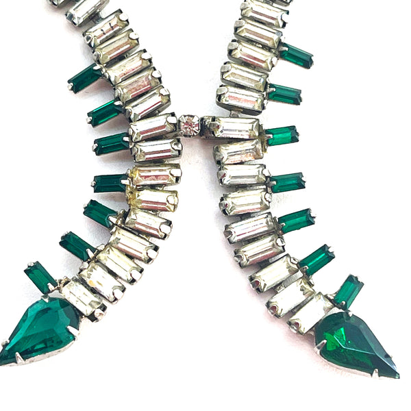 Stunning Art Deco Necklace with Clear and Emerald Coloured Rhinestones-Vintageonline-Vintage Online