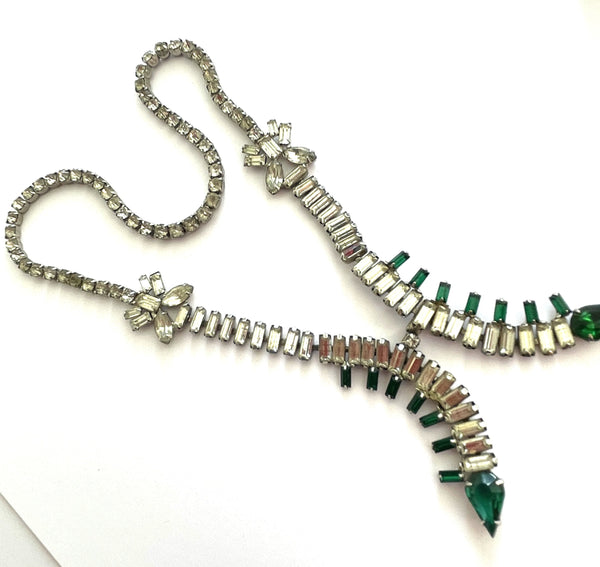 Stunning Art Deco Necklace with Clear and Emerald Coloured Rhinestones-Vintageonline-Vintage Online