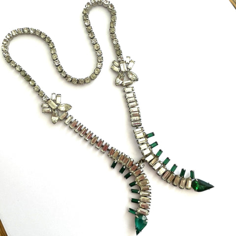 Stunning Art Deco Necklace with Clear and Emerald Coloured Rhinestones-Vintageonline-Vintage Online