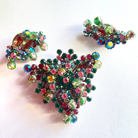 Stunning Pink and Green Rhinestone Vintage Brooch & Earrings Set-Vintageonline-Vintage Online