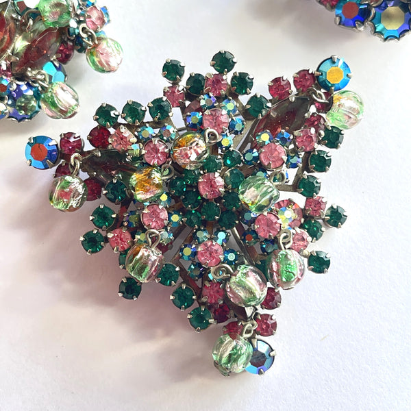 Stunning Pink and Green Rhinestone Vintage Brooch & Earrings Set-Vintageonline-Vintage Online