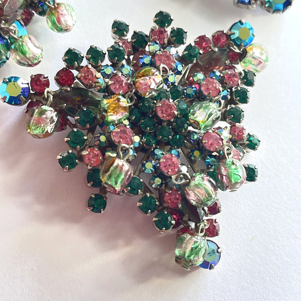 Stunning Pink and Green Rhinestone Vintage Brooch & Earrings Set-Vintageonline-Vintage Online