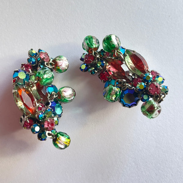 Stunning Pink and Green Rhinestone Vintage Brooch & Earrings Set-Vintageonline-Vintage Online