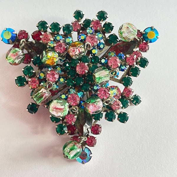 Stunning Pink and Green Rhinestone Vintage Brooch & Earrings Set-Vintageonline-Vintage Online