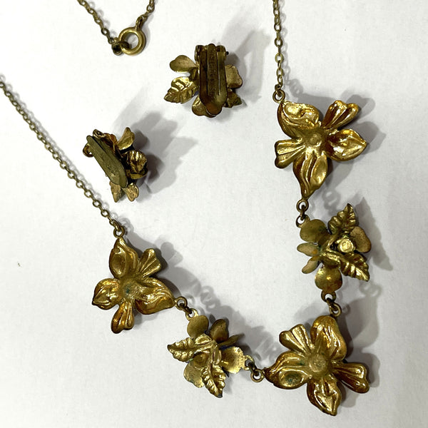 Sweet Violets Vintage 1940's Enamelled Necklace and Earrings, Made Austria.-Vintageonline-Vintage Online