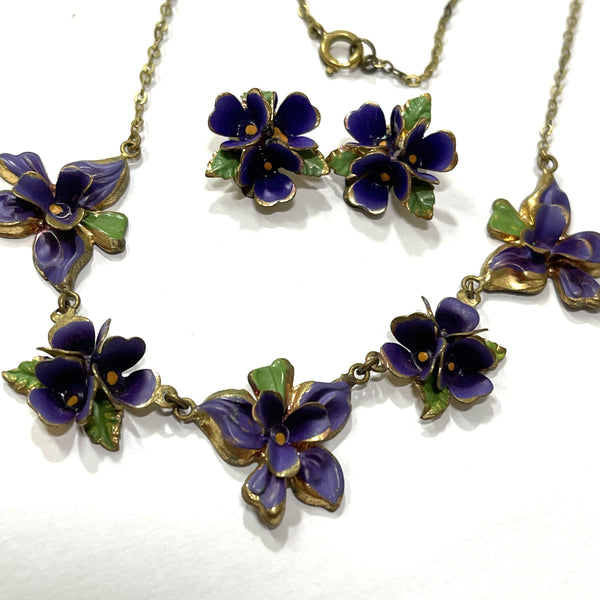 Sweet Violets Vintage 1940's Enamelled Necklace and Earrings, Made Austria.-Vintageonline-Vintage Online