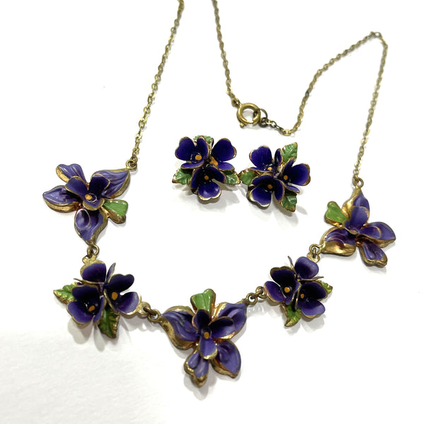 Sweet Violets Vintage 1940's Enamelled Necklace and Earrings, Made Austria.-Vintageonline-Vintage Online