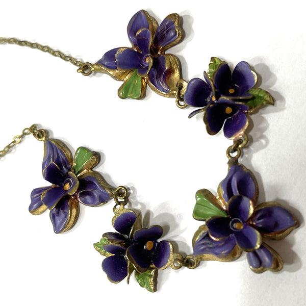 Sweet Violets Vintage 1940's Enamelled Necklace and Earrings, Made Austria.-Vintageonline-Vintage Online