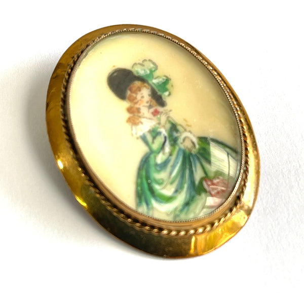 T L Mott 1930's Crinoline Lady Hand Painted Brooch-T L Mott UK-Vintage Online