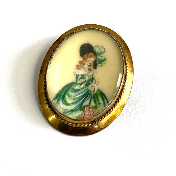 T L Mott 1930's Crinoline Lady Hand Painted Brooch-T L Mott UK-Vintage Online