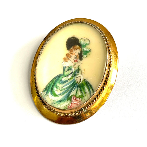 T L Mott 1930's Crinoline Lady Hand Painted Brooch-T L Mott UK-Vintage Online