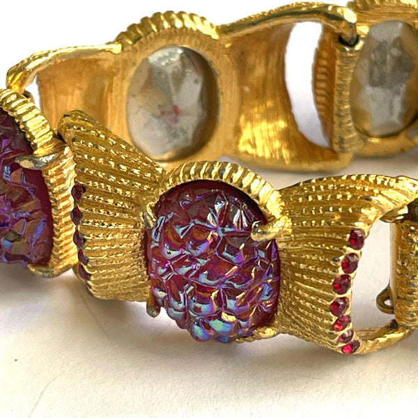 Textured Gold tone Red Cabochon 80's Bracelet-Vintageonline-Vintage Online