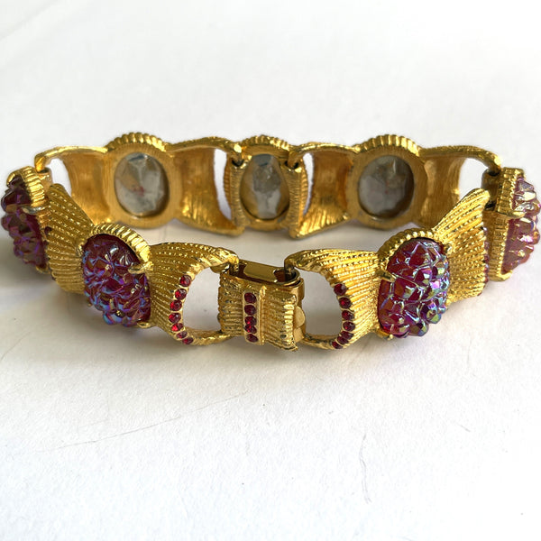 Textured Gold tone Red Cabochon 80's Bracelet-Vintageonline-Vintage Online