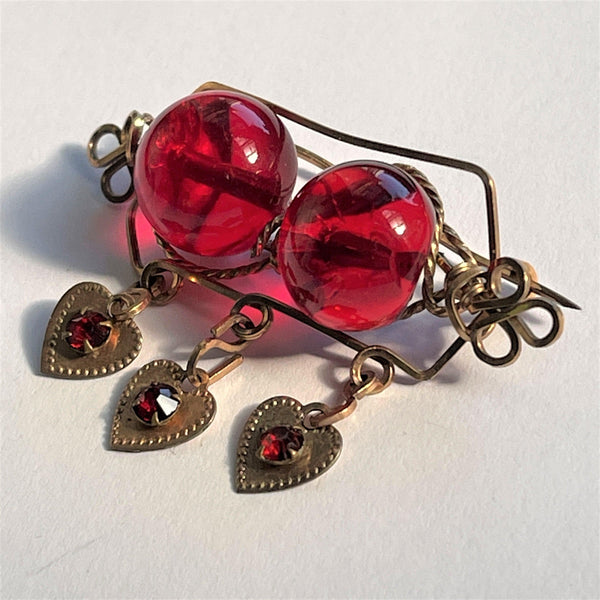 Three Hearts Red Glass Bead Sweetheart 50's Brooch-Vintageonline-Vintage Online
