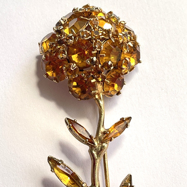 Topaz Coloured Rhinestone Flower Brooch-Vintageonline-Vintage Online