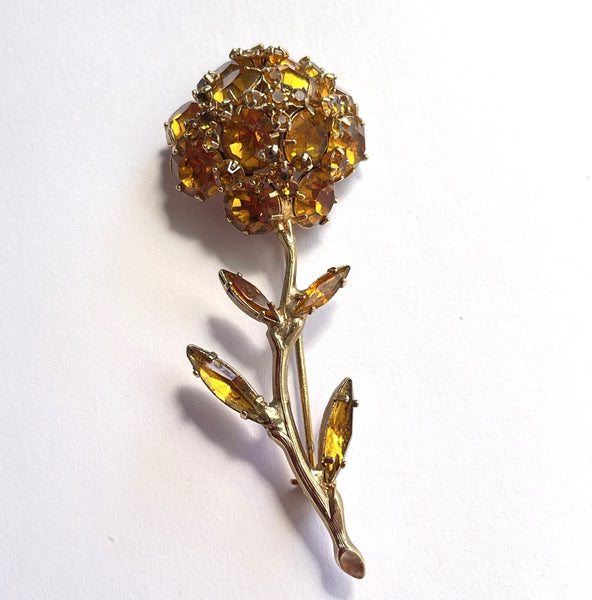 Topaz Coloured Rhinestone Flower Brooch-Vintageonline-Vintage Online