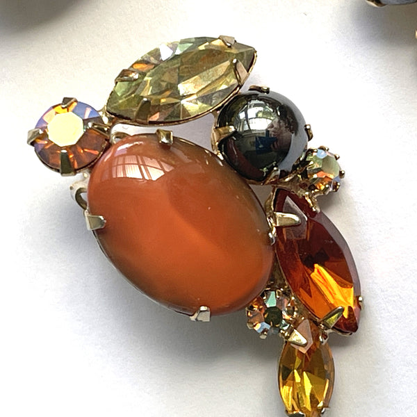 Topaz Orange Aurora Borealis Vintage Brooch & Earring Set-Vintageonline-Vintage Online
