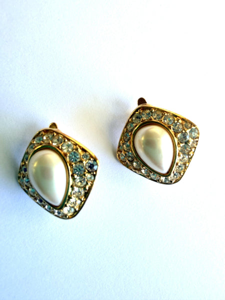Trifari Pearl Teardrop & Rhinestone Earrings-Trifari-Vintage Online