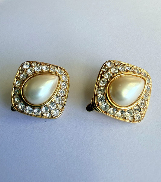 Trifari Pearl Teardrop & Rhinestone Earrings-Trifari-Vintage Online