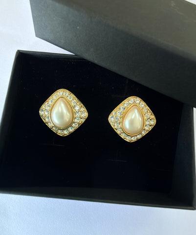 Trifari Pearl Teardrop & Rhinestone Earrings-Trifari-Vintage Online