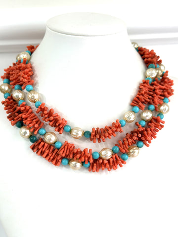 Triple Stand Branch Coral Style and Pearl Turquoise Style Bead Vintage Necklace-Vintageonline-Vintage Online