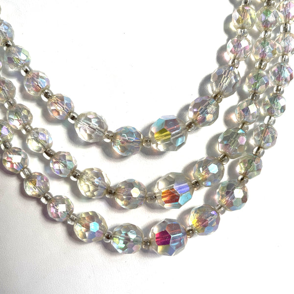 Triple Strand AB Crystal Bead Necklace Mid Century, Rhinestone Clasp-Vintageonline-Vintage Online