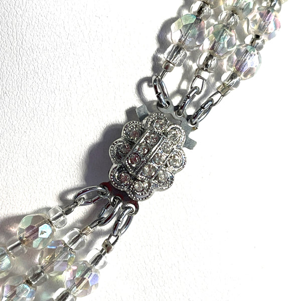 Triple Strand AB Crystal Bead Necklace Mid Century, Rhinestone Clasp-Vintageonline-Vintage Online
