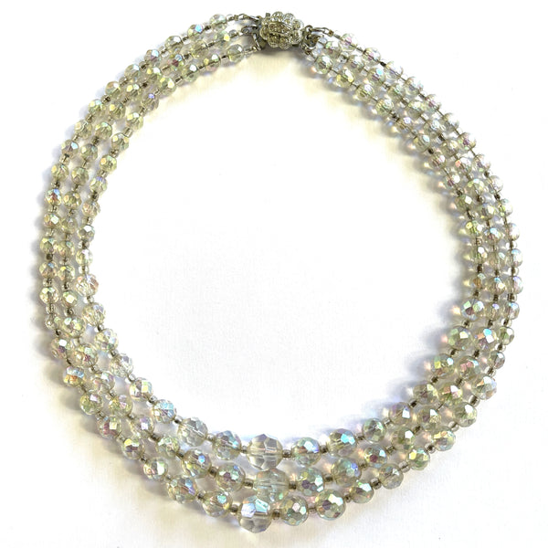 Triple Strand AB Crystal Bead Necklace Mid Century, Rhinestone Clasp-Vintageonline-Vintage Online