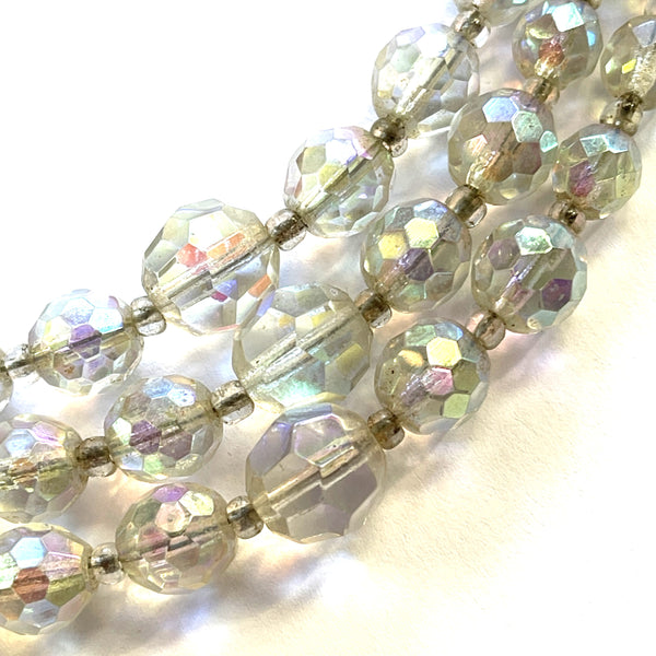 Triple Strand AB Crystal Bead Necklace Mid Century, Rhinestone Clasp-Vintageonline-Vintage Online