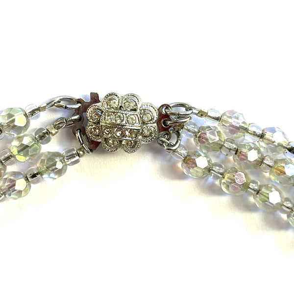 Triple Strand AB Crystal Bead Necklace Mid Century, Rhinestone Clasp-Vintageonline-Vintage Online