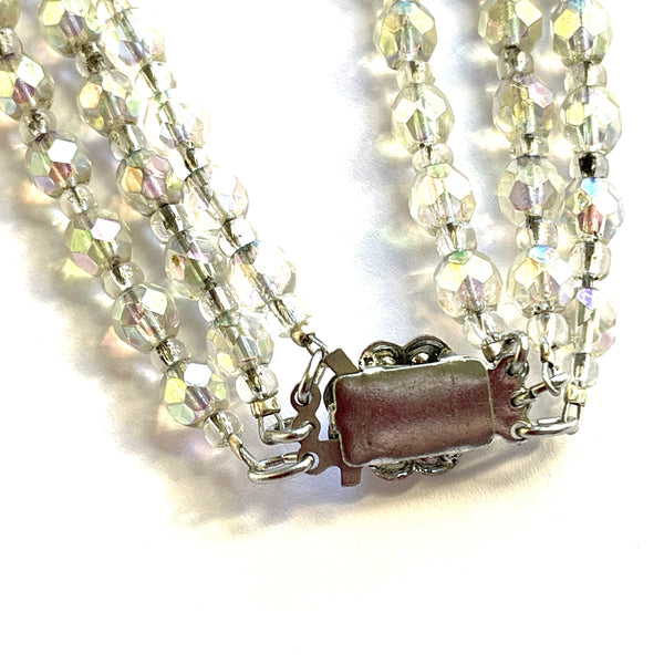 Triple Strand AB Crystal Bead Necklace Mid Century, Rhinestone Clasp-Vintageonline-Vintage Online