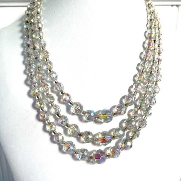 Triple Strand AB Crystal Bead Necklace Mid Century, Rhinestone Clasp-Vintageonline-Vintage Online