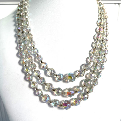 Triple Strand AB Crystal Bead Necklace Mid Century, Rhinestone Clasp-Vintageonline-Vintage Online
