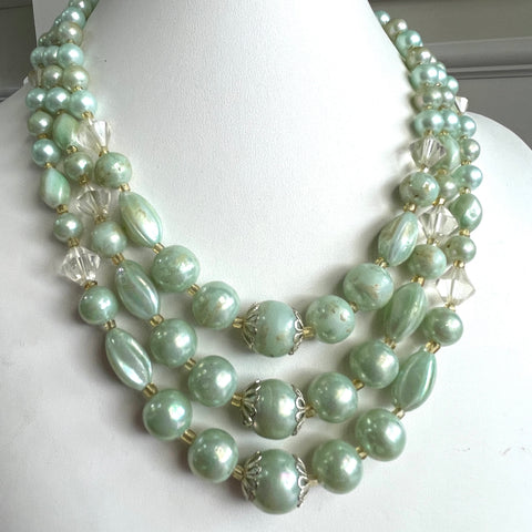 Triple Strand Vintage Green Bead Necklace-Vintageonline-Vintage Online