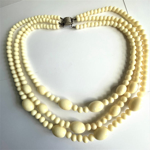 Triple Strand Vintage Resin Bead Necklace Winter White.-Vintageonline-Vintage Online