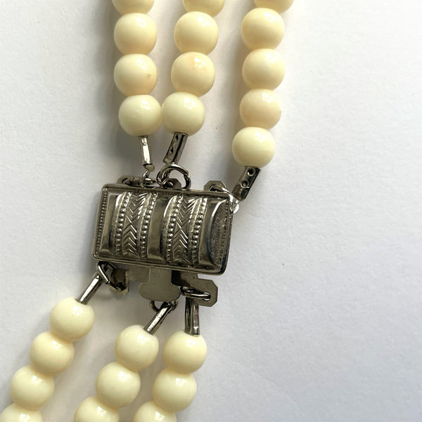Triple Strand Vintage Resin Bead Necklace Winter White.-Vintageonline-Vintage Online