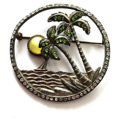 Tropical Beach Scene 1940's Pot Metal Brooch-vintageonline-Vintage Online