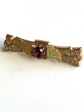 Victorian Garnet Faceted Gold tone Bar Brooch-Vintageonline-Vintage Online