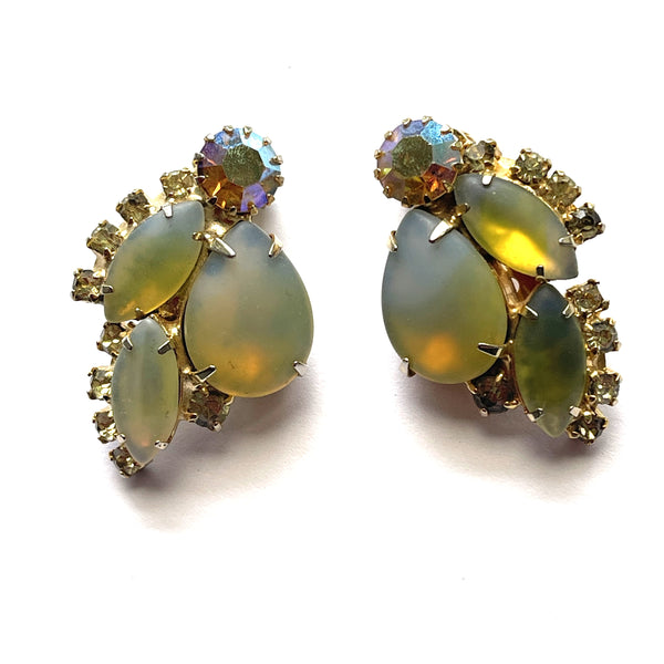 Yellow Glass Opalescent Rhinestone Vintage 60's Earrings-Vintageonline-Vintage Online