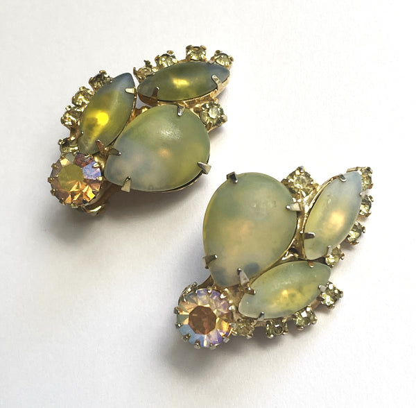 Yellow Glass Opalescent Rhinestone Vintage 60's Earrings-Vintageonline-Vintage Online