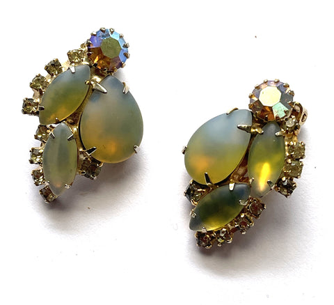 Yellow Glass Opalescent Rhinestone Vintage 60's Earrings-Vintageonline-Vintage Online