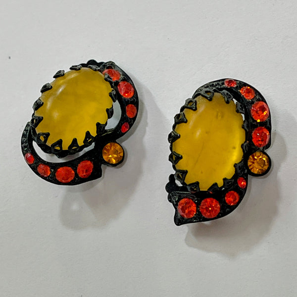 Yellow & Red Rhinestone Earrings-Vintageonline-Vintage Online