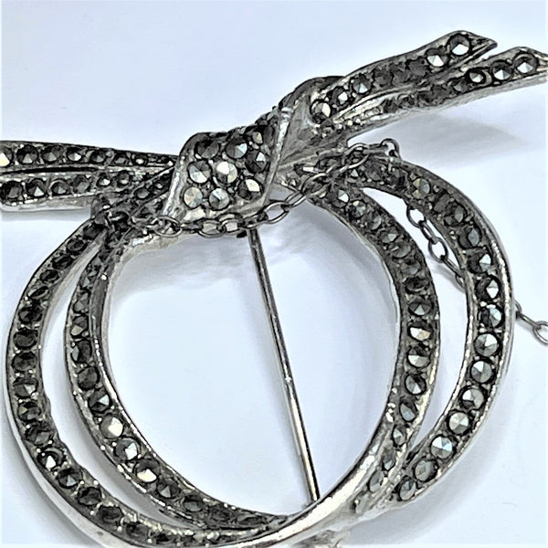 1940's Silver Marcasite Ribbon Brooch-Vintageonline-Vintage Online