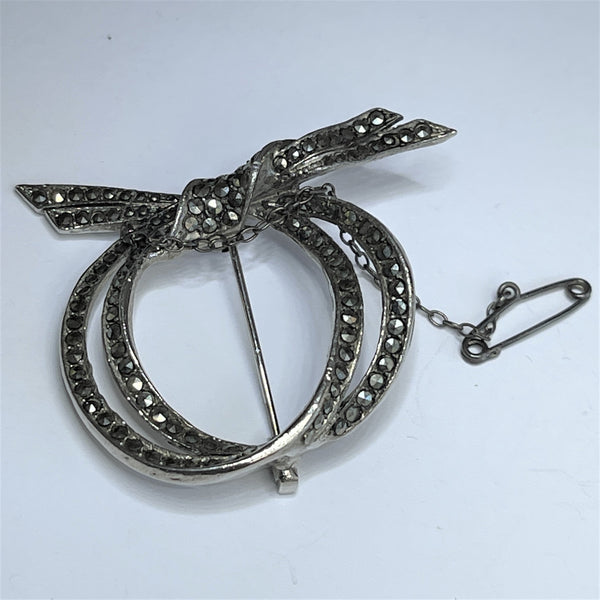 1940's Silver Marcasite Ribbon Brooch-Vintageonline-Vintage Online